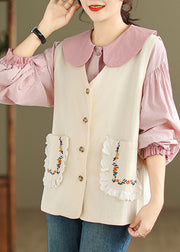 Beige Embroidered Button Cotton Two Pieces Set V Neck Sleeveless