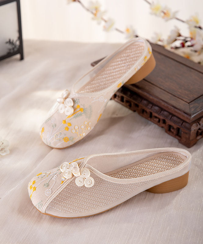 Beige Embroideried Slide Sandals Women Tulle Boho Splicing