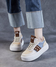 Beige Flat Shoes Platform Cowhide Leather Casual Lace Up