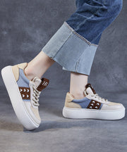 Beige Flat Shoes Platform Cowhide Leather Casual Lace Up