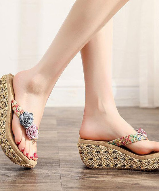 Beige Flip Flops Splicing Floral Platform Beach Holiday