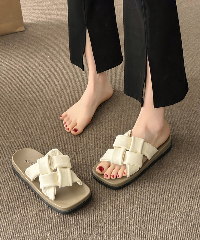 Beige French Platform Slide Sandals Peep Toe