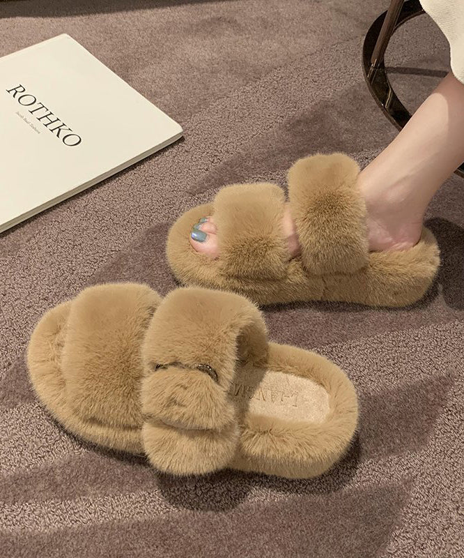 Beige Fuzzy Fur Slippers Shoes Splicing Platform Peep Toe