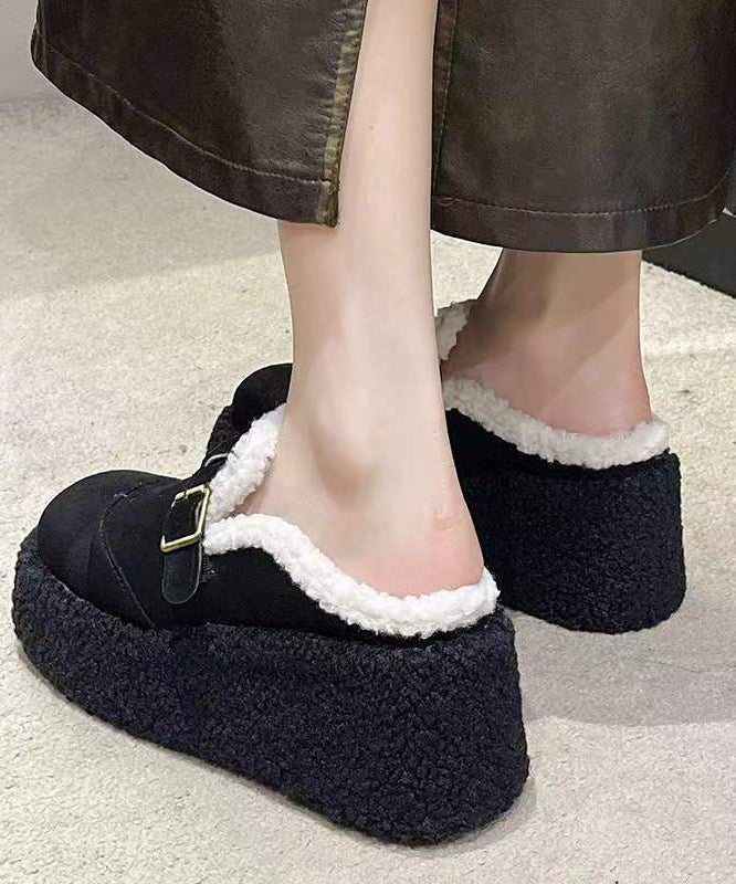 Beige Fuzzy Wool Lined Slippers Shoes Platform Wedge Heels