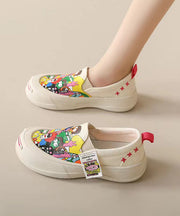 Beige Graffiti Women Casual Platform Canvas Flat Shoes For