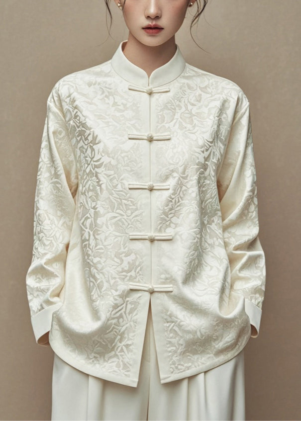 Beige Jacquard Button Silk Cotton Coats Stand Collar Fall