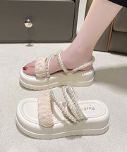 Beige Nail Bead Splicing Handmade Platform Slide Sandals