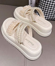 Beige Nail Bead Splicing Handmade Platform Slide Sandals