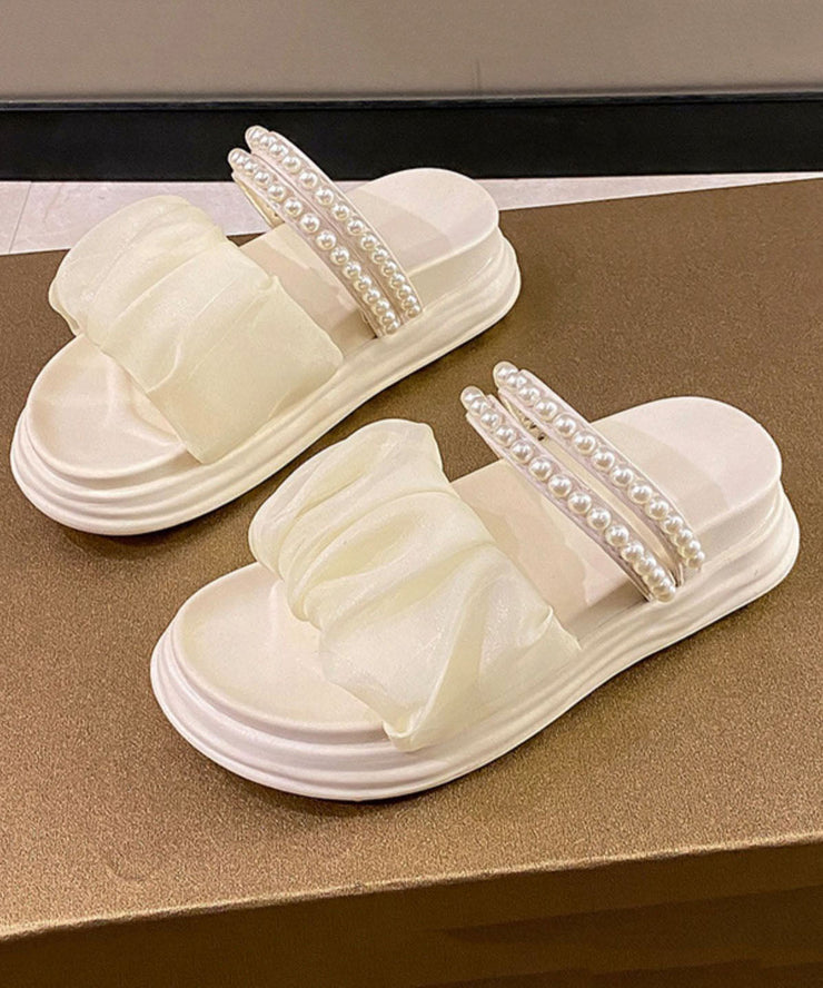 Beige Nail Bead Splicing Peep Toe Platform Slide Sandals