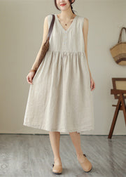 Beige O-Neck Solid Cotton Long Dress Sleeveless