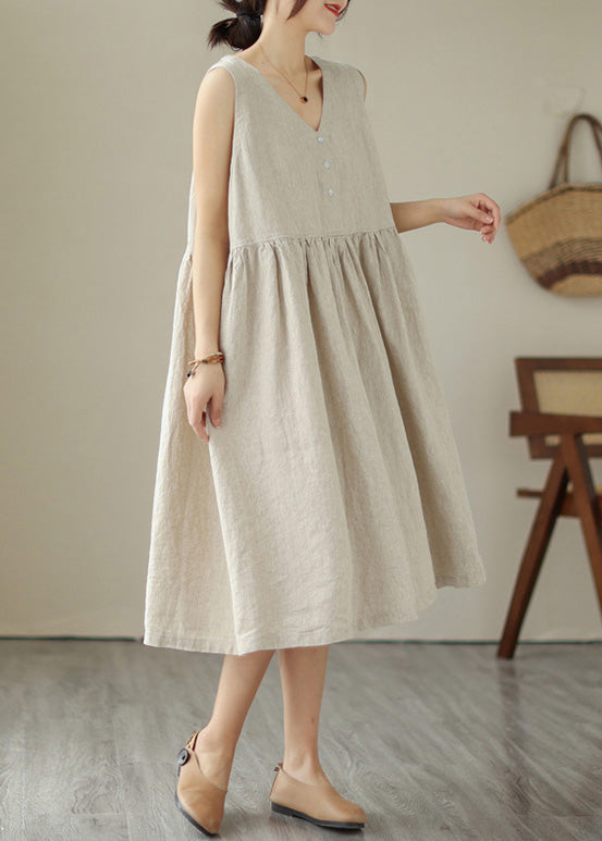 Beige O-Neck Solid Cotton Long Dress Sleeveless