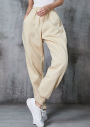 Beige Oversized Cotton Pants Elastic Waist Pockets Spring