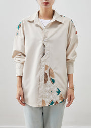 Beige Patchwork Cotton Shirts Embroidered Fall