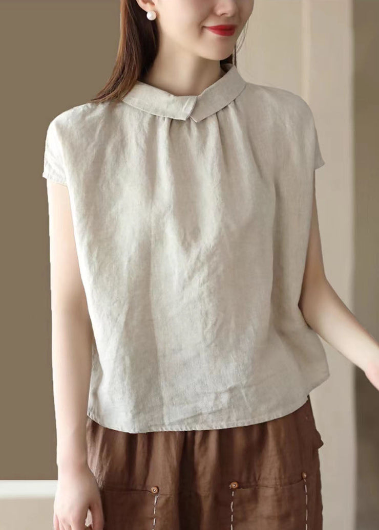 Beige Patchwork Linen Tops Peter Pan Collar Wrinkled Button Summer