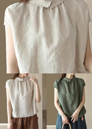 Beige Patchwork Linen Tops Peter Pan Collar Wrinkled Button Summer