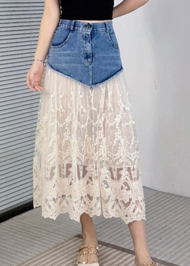 Beige Pockets Lace Patchwork Style Denim Skirts Summer