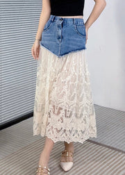 Beige Pockets Lace Patchwork Style Denim Skirts Summer