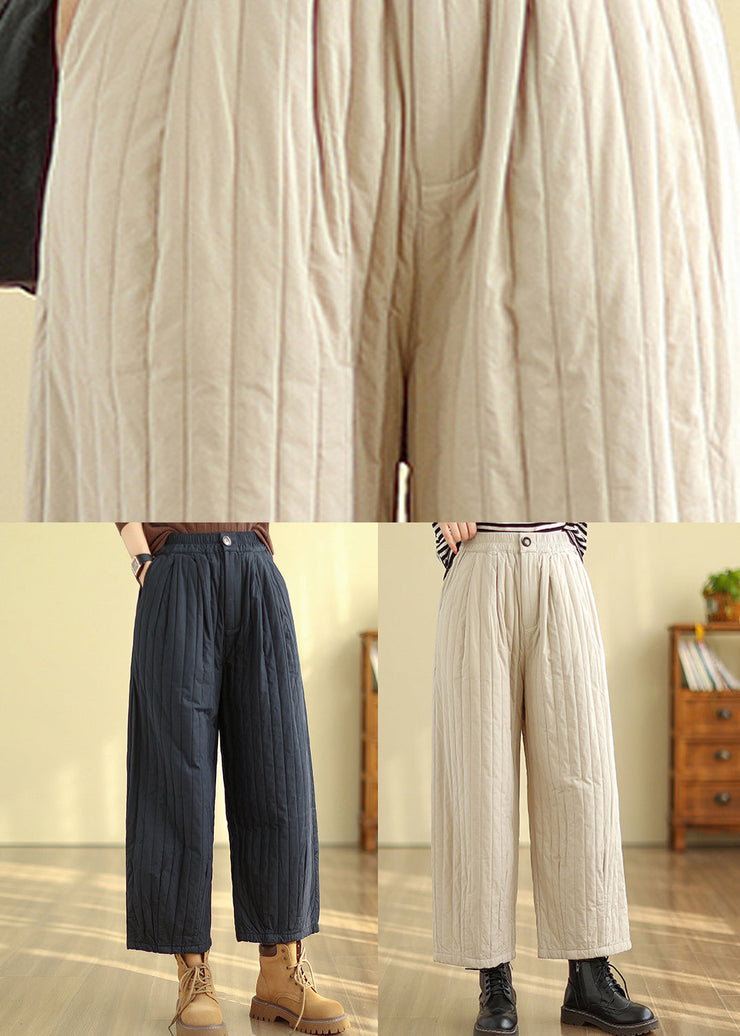 Beige Pockets Loose Fine Cotton Filled Straight Pants Elastic Waist Winter