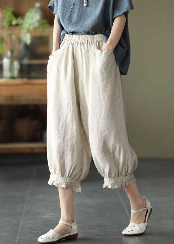 Beige Pockets Patchwork Linen Crop Pants Elastic Waist Summer