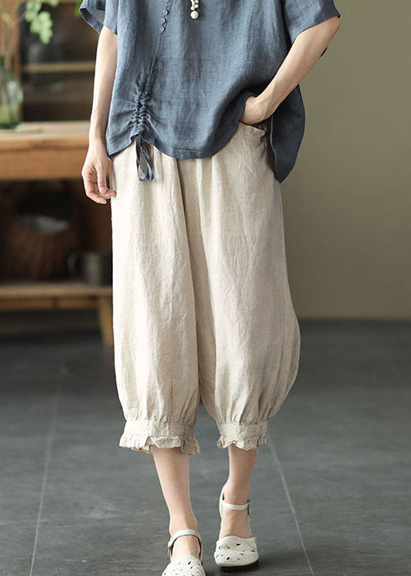 Beige Pockets Patchwork Linen Crop Pants Elastic Waist Summer