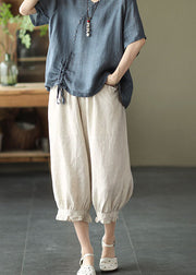 Beige Pockets Patchwork Linen Crop Pants Elastic Waist Summer