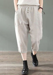 Beige Pockets Patchwork Linen Crop Pants Summer