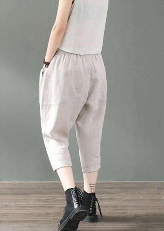 Beige Pockets Patchwork Linen Crop Pants Summer