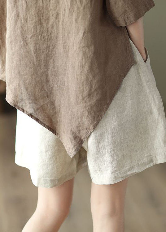 Beige Pockets Patchwork Linen Hot Pants Elastic Waist Summer