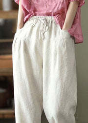 Beige Pockets Patchwork Linen Pants Elastic Waist Summer