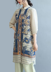 Beige Print Linen Long Shirt Top Side Open Half Sleeve