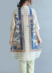 Beige Print Linen Long Shirt Top Side Open Half Sleeve