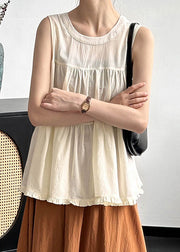 Beige Ruffled Solid Cotton Tops O Neck Summer