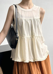 Beige Ruffled Solid Cotton Tops O Neck Summer