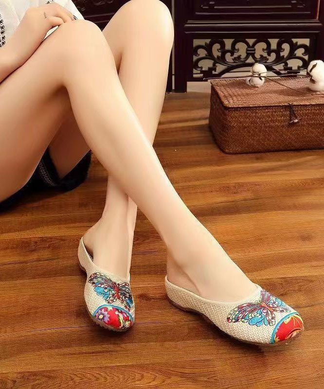 Beige Slide Sandals Linen Fabric Classy Splicing Butterfly Embroideried