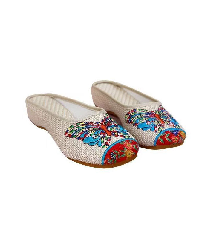 Beige Slide Sandals Linen Fabric Classy Splicing Butterfly Embroideried