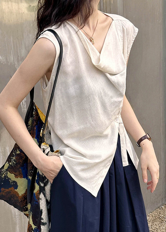 Beige Solid Cotton Blouse Tops Turtle Neck Sleeveless