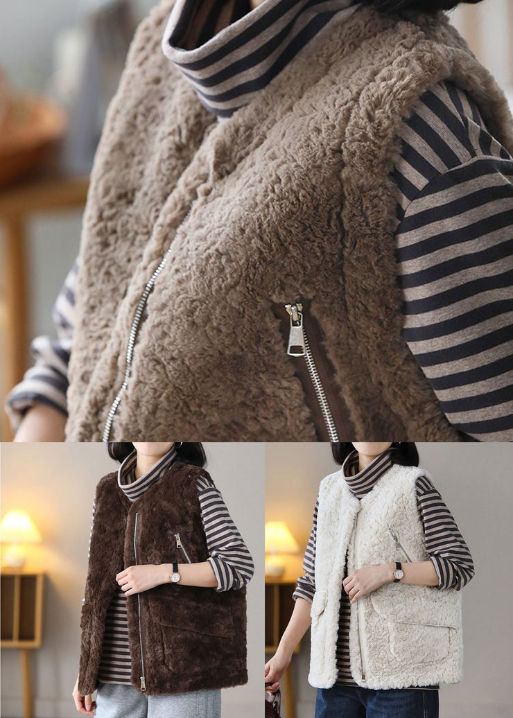 Beige Thick Fuzzy Fur Fluffy Waistcoat Zip Up Spring