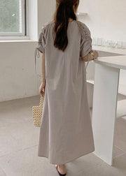 Beige Wrinkled Cotton Maxi Dress Long Sleeve