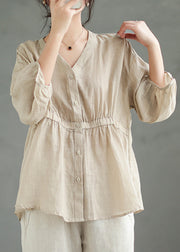 Beige Wrinkled Patchwork Linen Blouses V Neck Spring