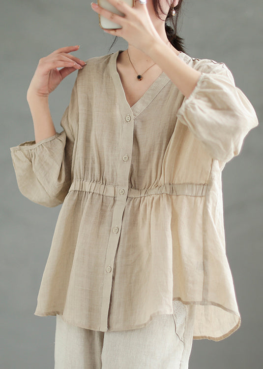 Beige Wrinkled Patchwork Linen Blouses V Neck Spring