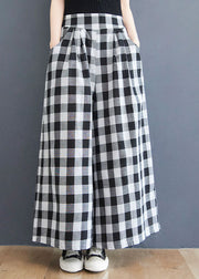 Big Plaid Pockets Patchwork Cotton Straight Pants Wrinkled Summer