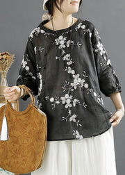 Black Asymmetrical Linen Blouses O Neck Bracelet Sleeve