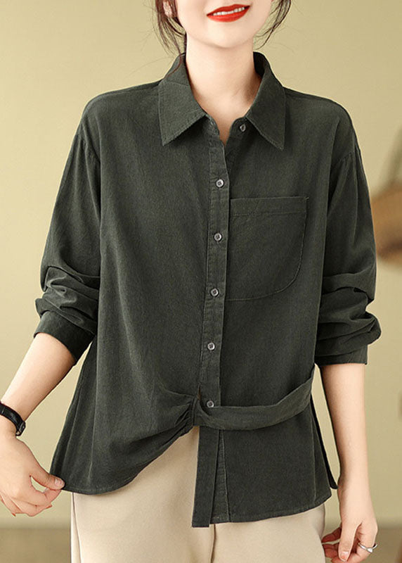 Black Asymmetrical Patchwork Button Corduroy Top Fall