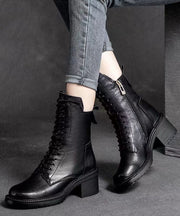 Black Biker Boots Chunky Zippered Cowhide Leather Casual Lace Up Boots