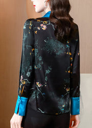 Black Blue Colour Patchwork Peter Pan Collar Button Silk Shirts Long Sleeve