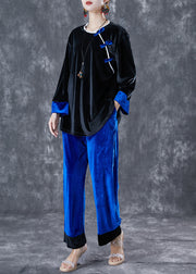 Black Blue Patchwork Silk Velour Two Pieces Set Oversized Chinese Button Spring