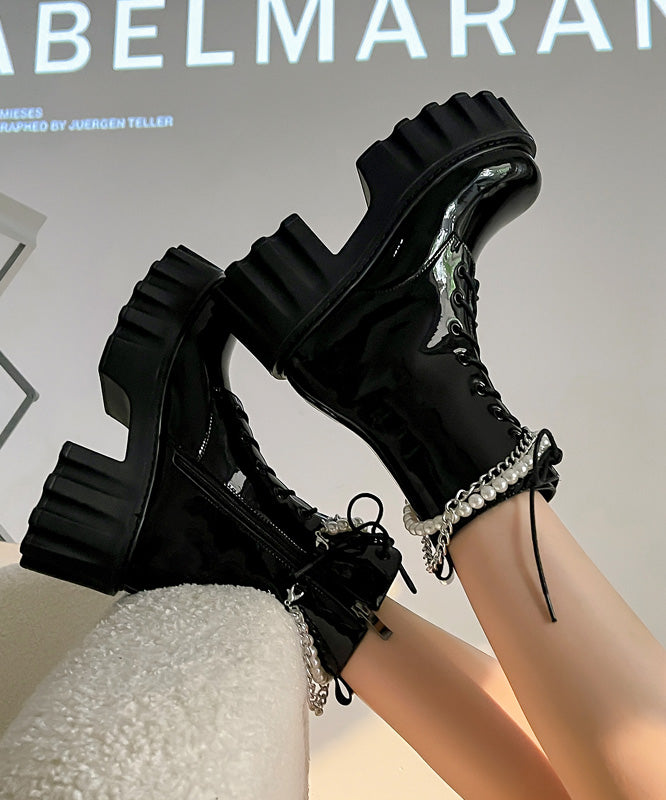 Black Boots Platform Cowhide Leather Fashion Splicing Cross Strap