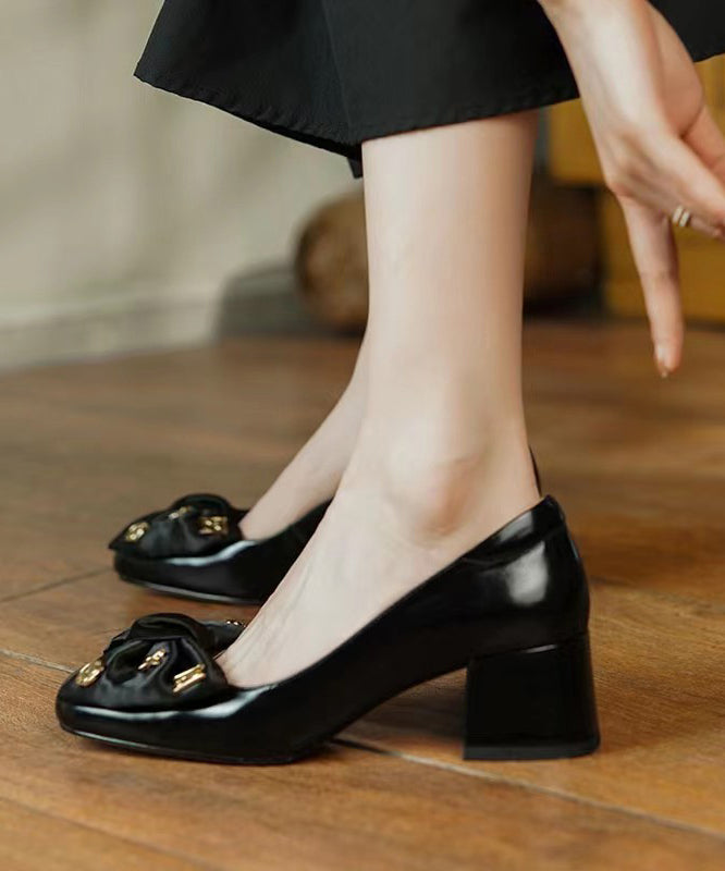 Black Bow Loafers For Women Chunky Heel Faux Leather