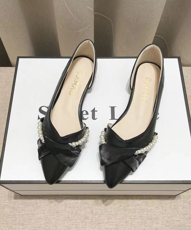 Black Bow Pearl Splicing Boutique Flat Shoes Pointed Toe