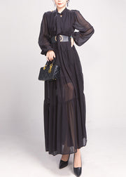 Black Bow Wrinkled Chiffon Maxi Dress Long Sleeve